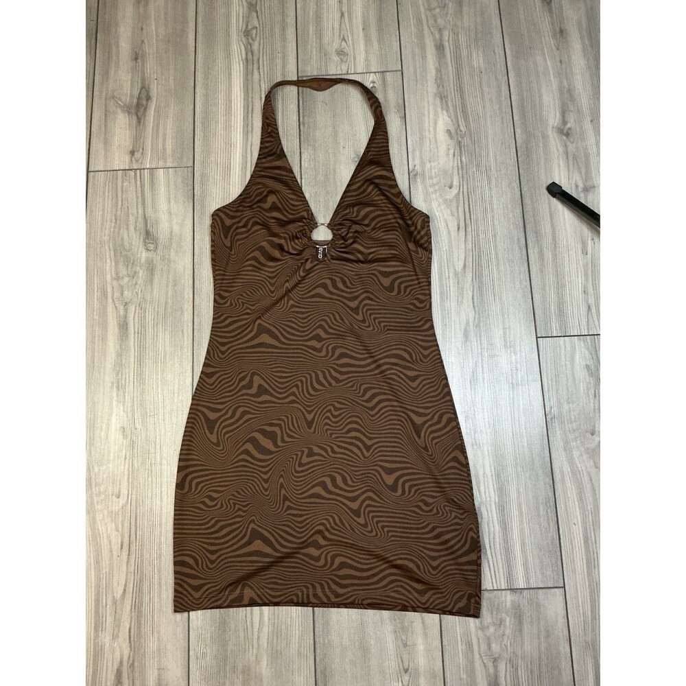 Y2K Brown Swirl Print Halter Mini Dress O-Ring Keyhole Bodycon Backless Club